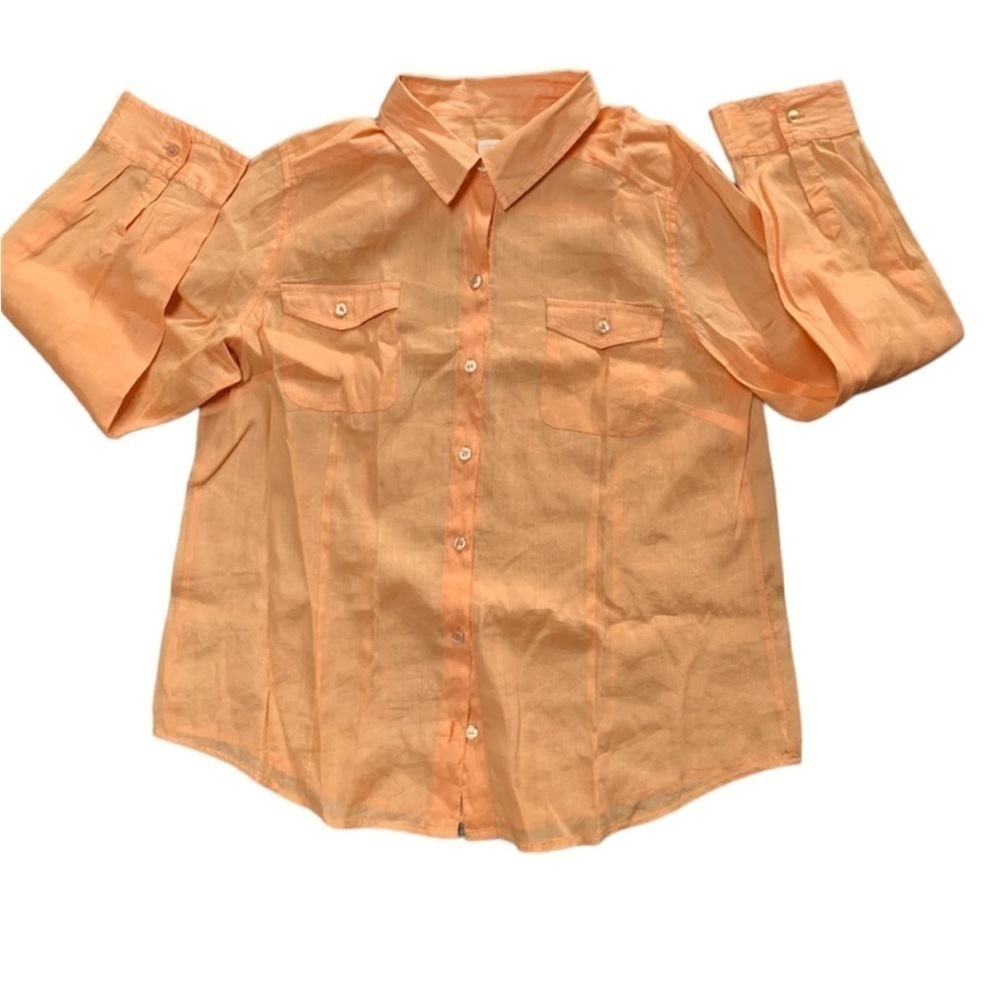 Chicos Ramie/cotton orange/peach boho coastal Lagen look button down shirt Large